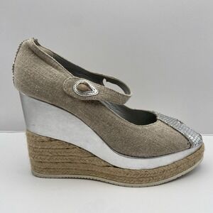 Hogan Wedge Heels Espadrille Mary Jane Peep Toe Beige Silver EU 38
